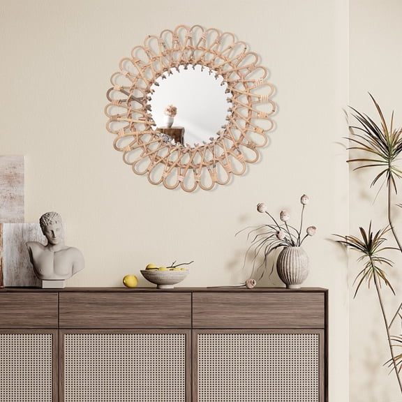 15.75 Inch Rattan Wall Mirror, Handwoven Round Boho Mirror with Natural Rattan Frame, Farmhouse Decorative Wall Mirror for Living Room, Bedroom, Bathroom, Entryway