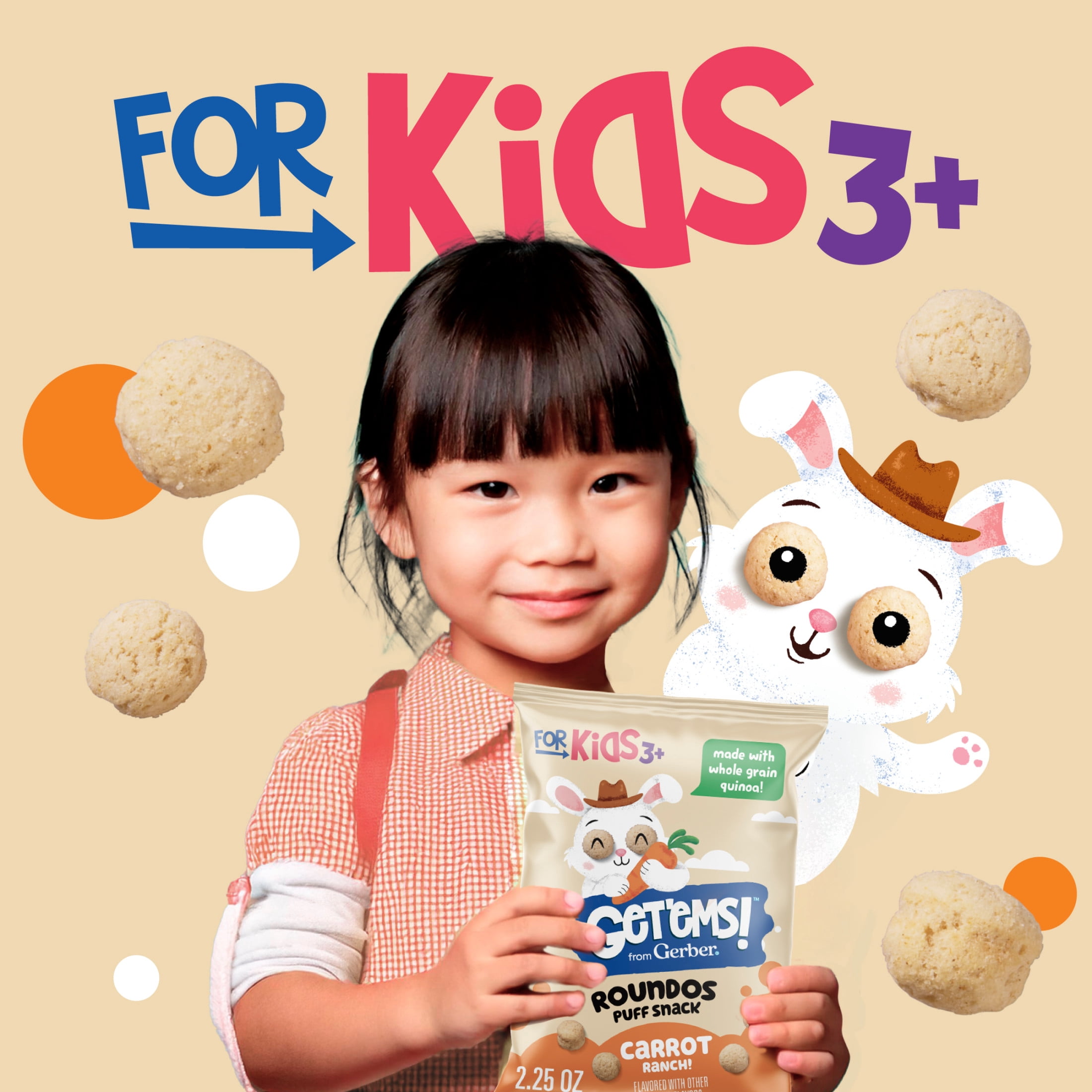(2 pack) Get'ems from Gerber Carrot Ranch Roundos Puffs Snacks, Kids Snack Made with Whole Grain Quinoa, Calcium to Support Strong Bones 2.25 oz