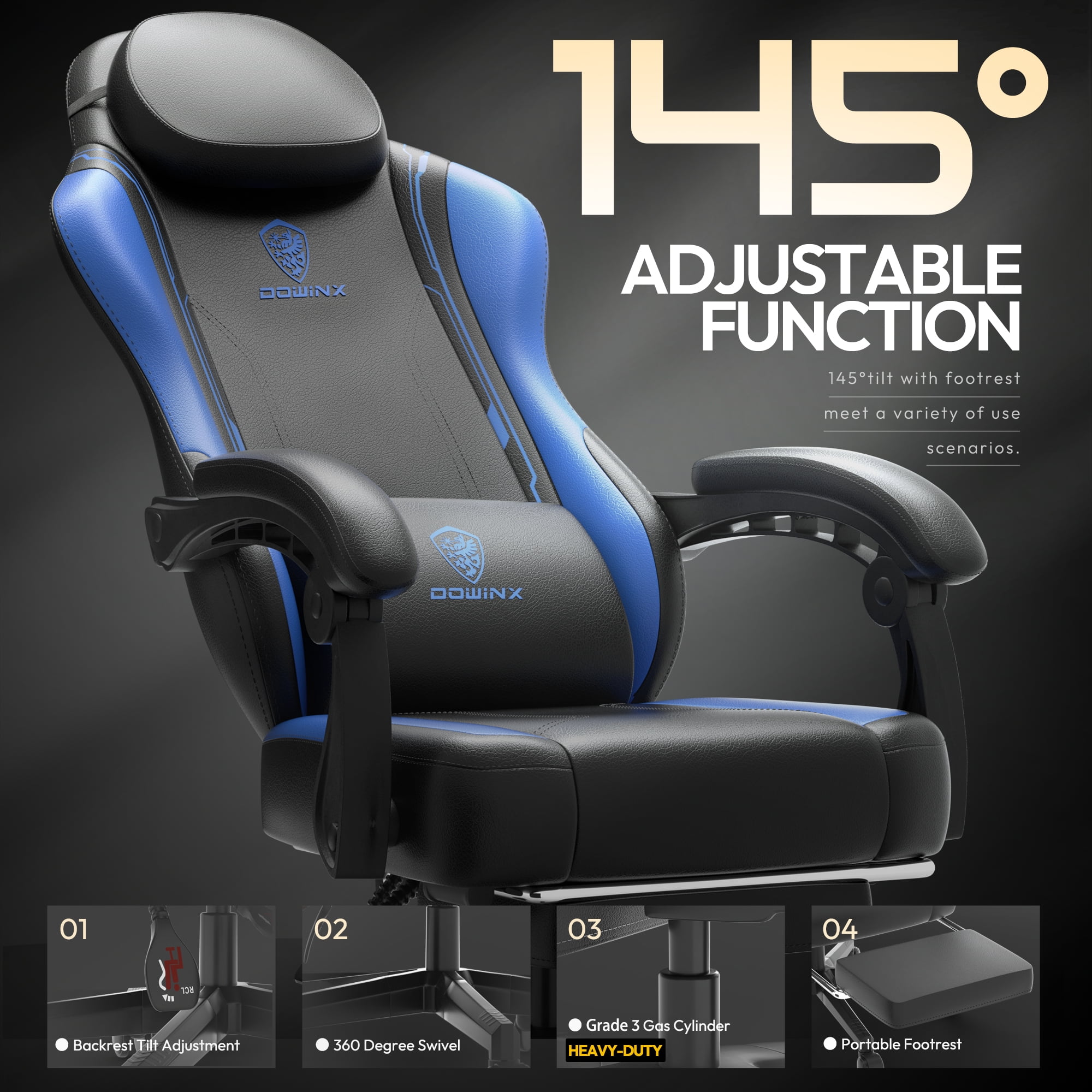 Dowinx Gaming Chair with Pocket Spring Cushion for Adults, Ergonomic Computer Chair with Footrest and Massage Lumbar Support for Office, Gaming, 300LBS, Blue