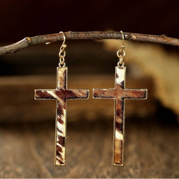 Pierced 3" gold, white and brown hairy cross dangle earrings