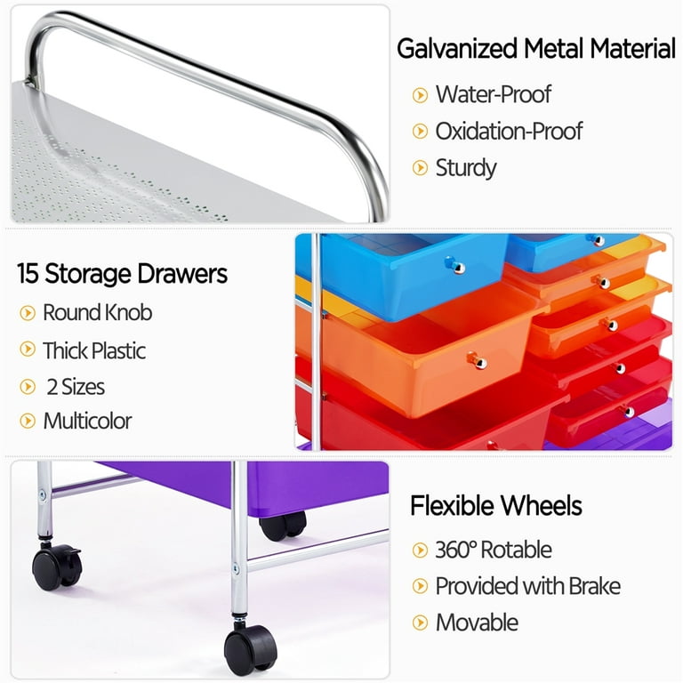 SmileMart 15 Drawers Metal Frame Storage Cart Rolling Bin Organizer Trolley  with Lockable Wheels, Multicolor