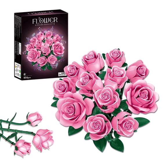 WIDELAND Pink Roses Bouquet Building Set Compatible with Lego , 12 Pack Artificial Flower Botanical Collection ,Perfect Mother's Day Gift for Mom