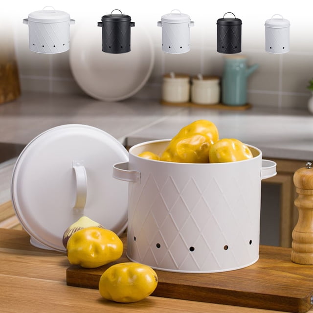 Fiudx Cubo de Malla para Verduras, Elegante Diseño de Celosía, Tapa Antimanchas, Asas de Fácil Transporte, Amplia Capacidad, Hierro Resistente, Solución para Organizar La Cocina, Blanco y Negro, 11 X
