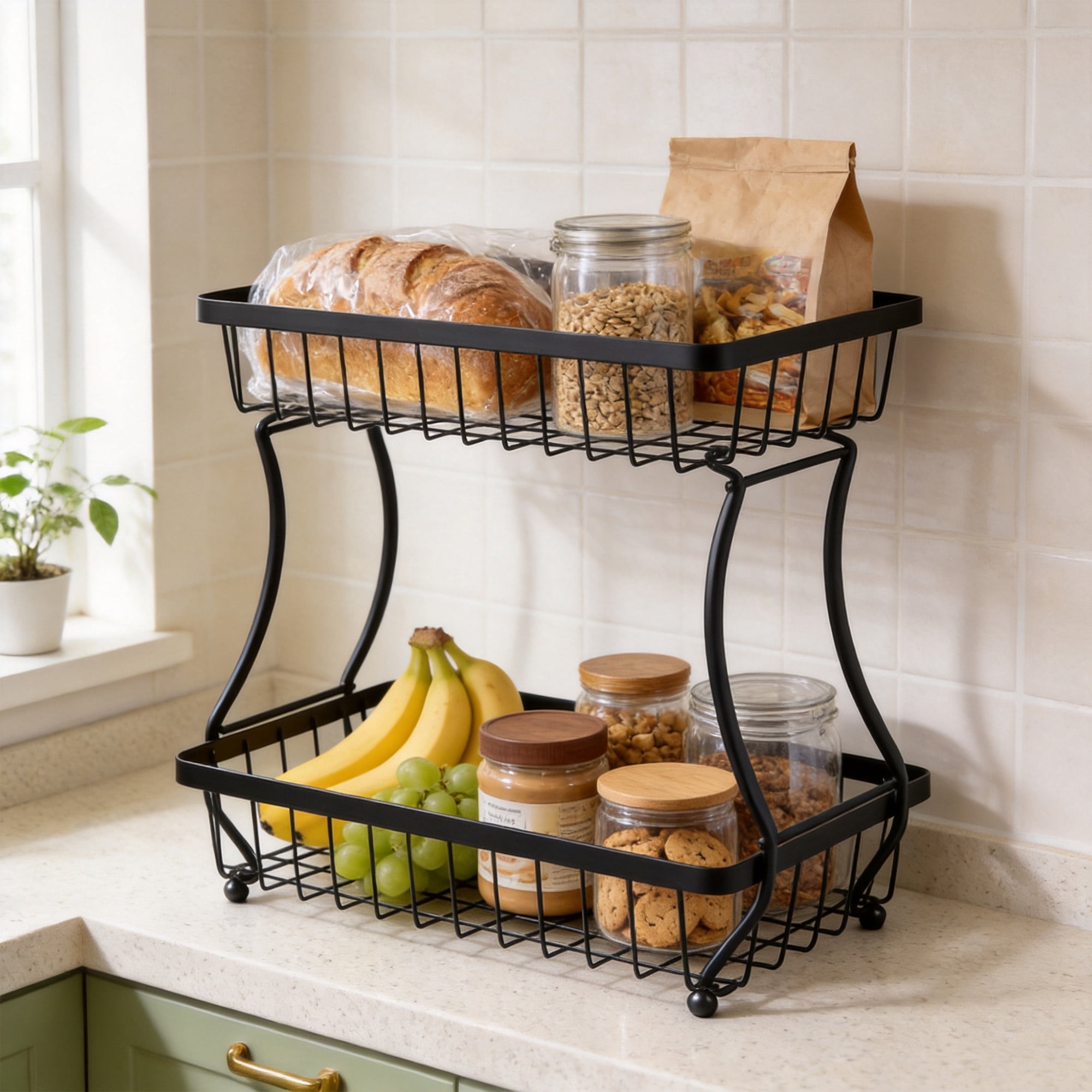 CISILOV 2 Tier Fruit Basket for Kitchen Counter, Detachable Metal Wire Fruit Vegetable Storage Basket, Countertop Produce Organizer with 2 Banana Hangers, Black