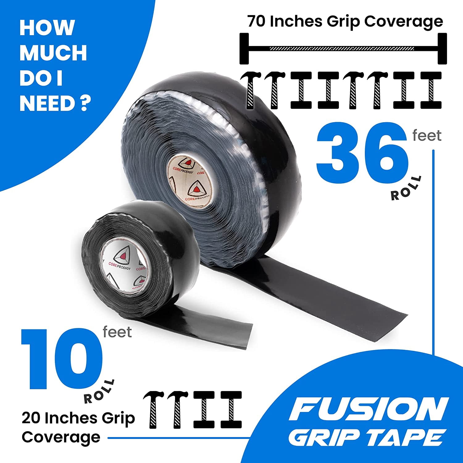Fusion Grip Tape - Silicone Rubber Wrap for Pull Up Bars, Barbells, Dumbbells, Sports and Gym Equipment, and Tools