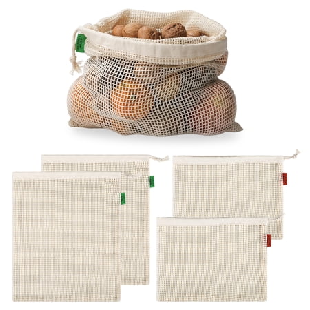 4 Pack Reusable Cotton Mesh Produce Bags, 2 Small and 2 Medium, Eco-Friendly Drawstring Storage Bags for Fruits, Vegetables, Groceries, Washable, Breathable Net Bags for Shopping, Kitchen
