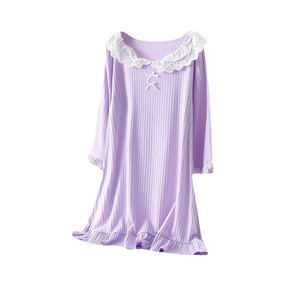 Auroural Nightgown Girls 7-8 Children's Solid Color Long Sleeved Round Neck Home Clothes Girls' Casual And Comfortable Nightgown