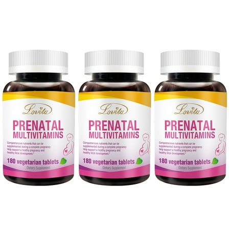 LOVITA Prenatal Multivitamins w/ Folic Acid & Iron, comprehensive support to mom and baby, 180 Vegan Tablets (Pack of 3)