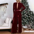 thumbnail image 6 of Yuwull Women's 2024 Velvet Formal Long Sleeve Wedding Guest Jumpsuits Wide Leg V Neck Romper Dressy with Belt Pocket, 6 of 9
