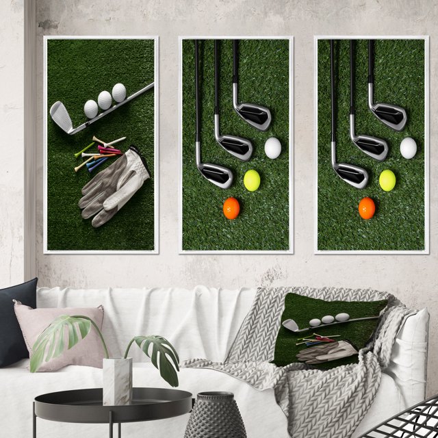 Designart "Excellent Golf Set Swing III" Sports Framed Wall Art Set Of 3 - Green Golf Frame Canvas Set For Living Room Decor