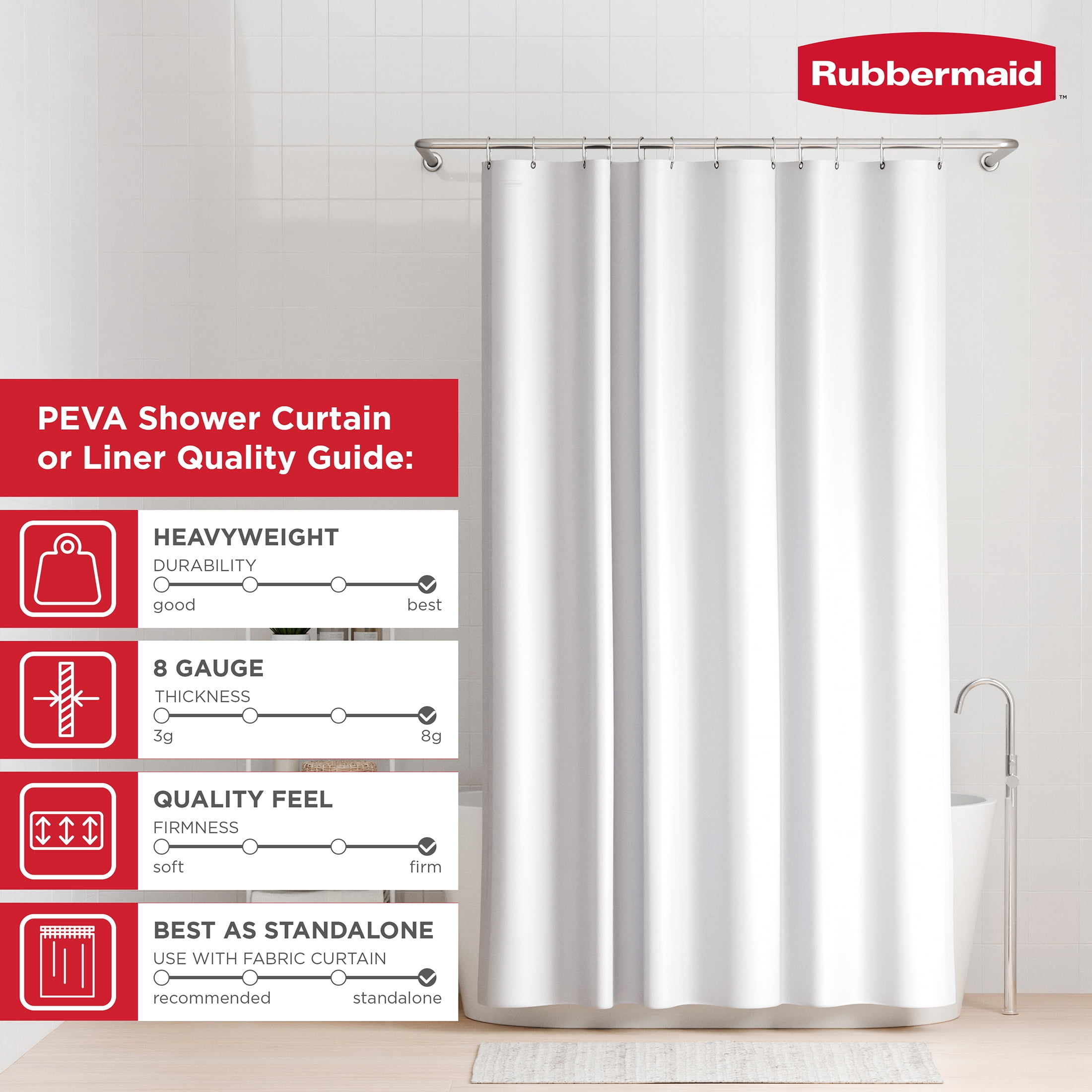 Rubbermaid White Heavyweight Waterproof PEVA Shower Curtain Liner, BPA-Free, 70 x 72 Inches