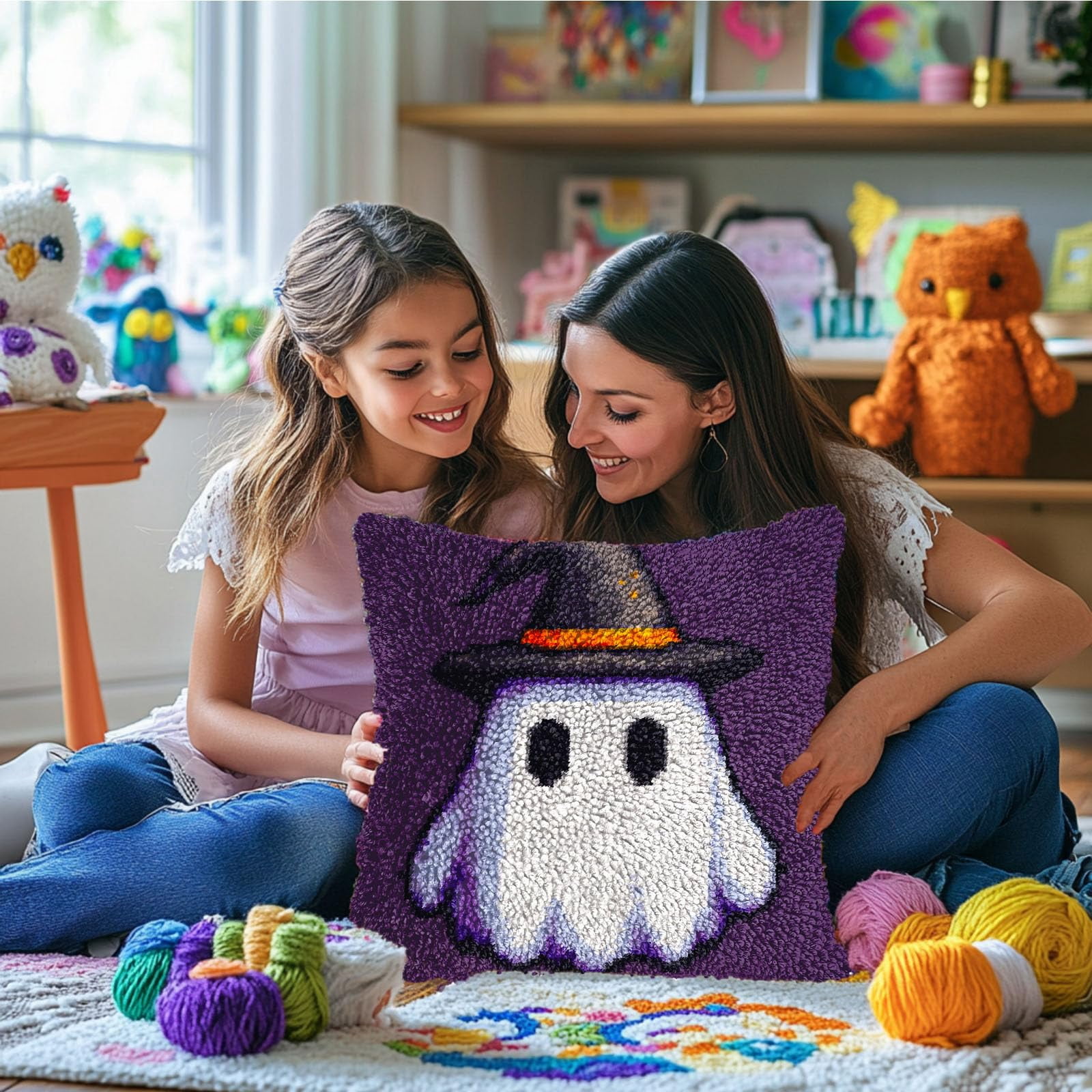 DIY Latch Hook Pillow Kits Halloween Ghost with Witch Hat Printed Pillowcase Crochet Yarns Hooking Handmade Pillow Cover Cushion for Home Sofa Decoration 17x17inch-1