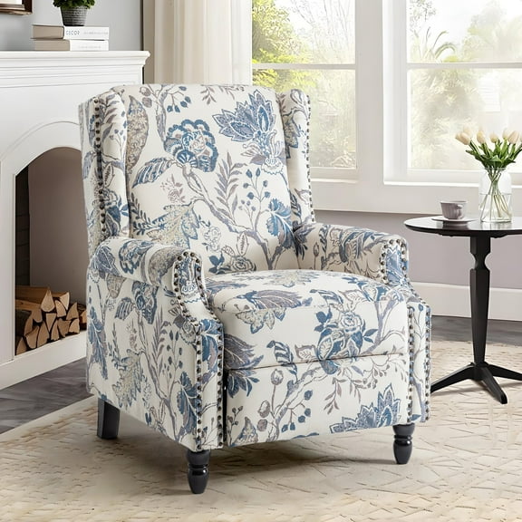 UIXE Recliner Chair, Upholstered Wingback Floral Pushback Armchair with Adjustable Backrest & Footrest, Comfy Accent Chair Reading Single Sofa for Small Spaces, Living Room, Bedroom, Plants Blue