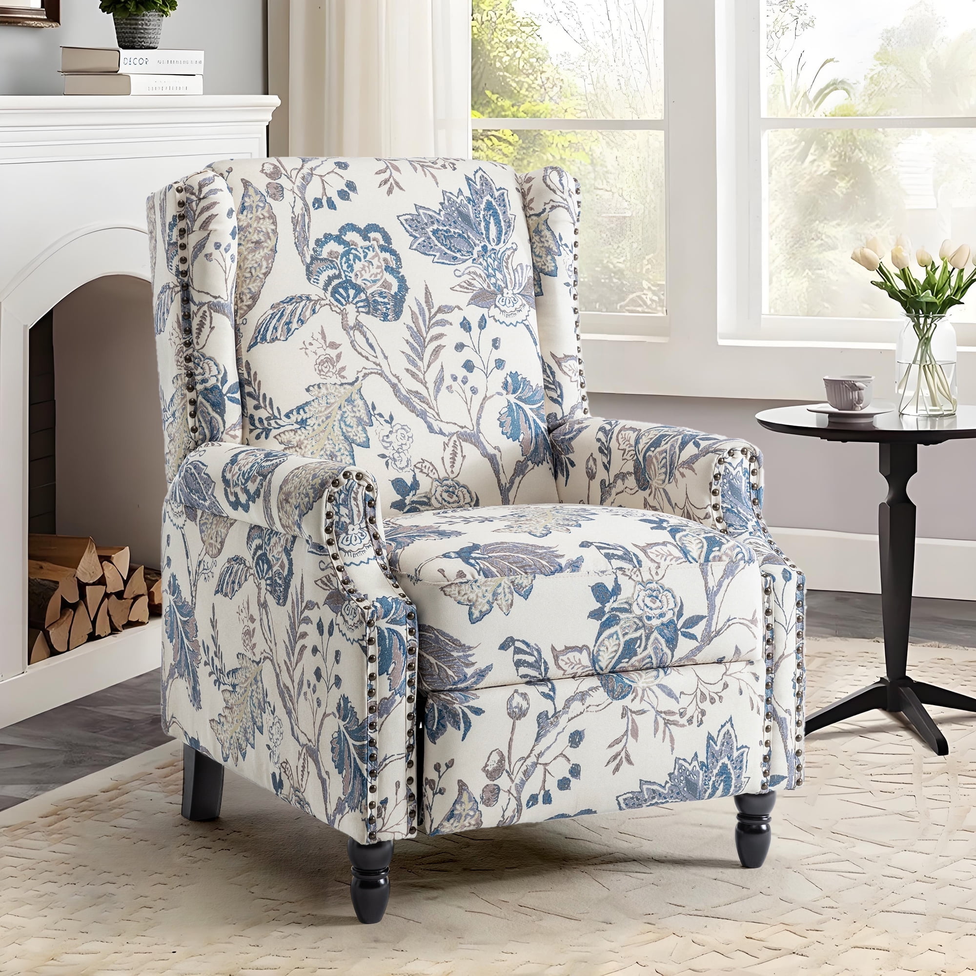 UIXE Recliner Chair, Upholstered Wingback Floral Pushback Armchair with Adjustable Backrest & Footrest, Comfy Accent Chair Reading Single Sofa for Small Spaces, Living Room, Bedroom, Plants Blue
