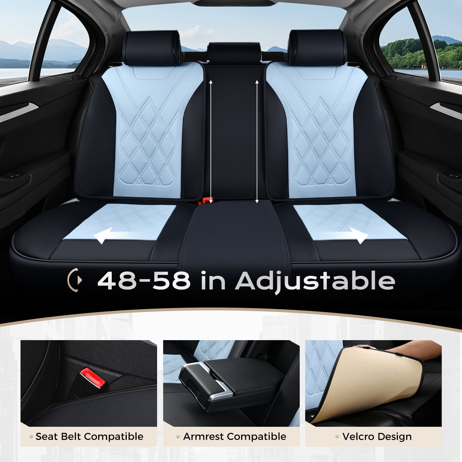 Coverado Full Set Covers For Cars, Waterproof Faux Leather Front and Rear Seat Protectors, Auto Cushions Universal Fit for Most Cars, Black&Blue