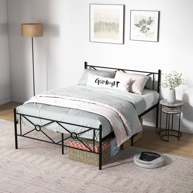 Gymax Lit Plateforme en Métal Format Grand avec Tête de Lit, Base de Matelas, Noir