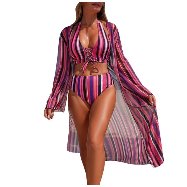 DAFEI Women's Plus Size 3 Piece Swimsuits Triangle Bikini Set with Drawstring Semi Sheer Cover Up Bathing Suit
