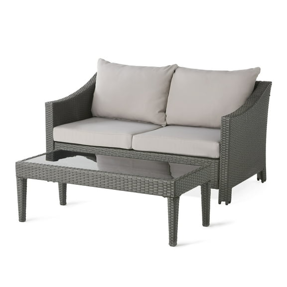 Noble House Estelle Outdoor Wicker Loveseat and Coffee Table with Cushions, Gray and Light Gray