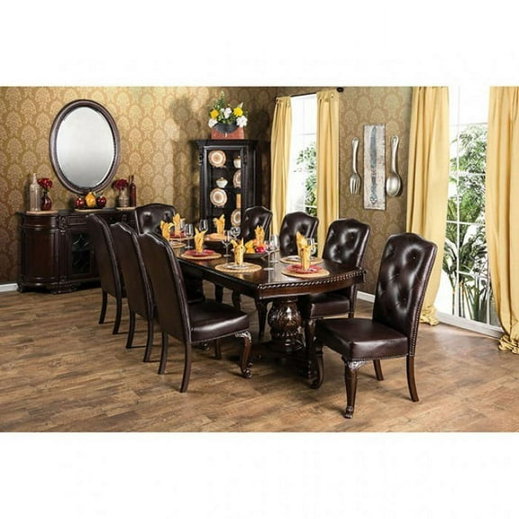 Majestic Traditional Brown Cherry 9pc Dinng Set Table w Leaf 8x Side Chairs Leatherette Tufted Cushion Seats Double Pedestal