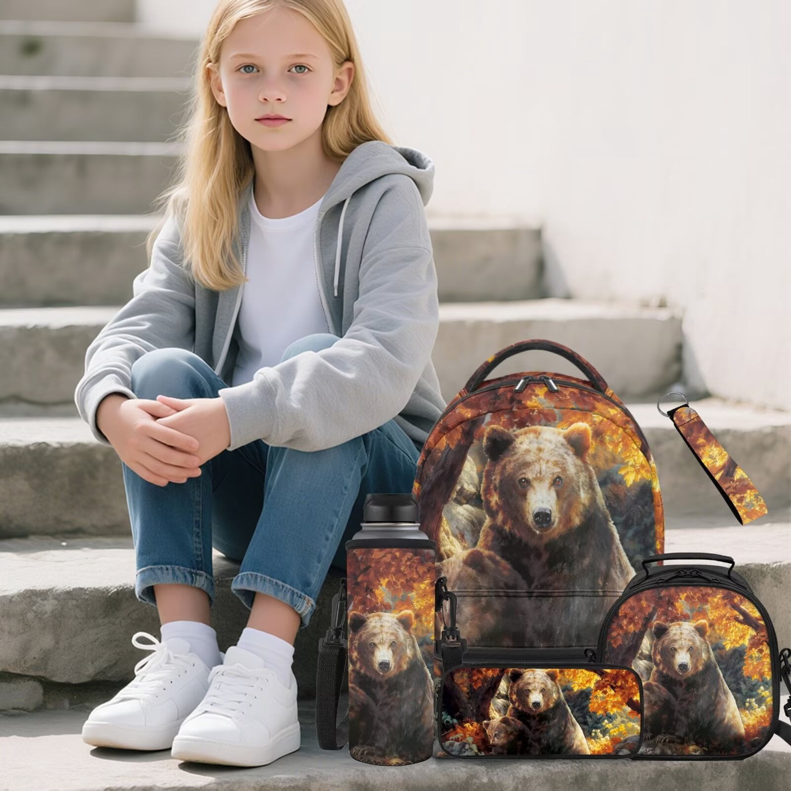 Pzuqiu Bear Print Kids Backpack Set for Boys with Lunch Box Water Bottle Bag Kawaii Backpacks for School with Adjustable Shoulder Strap,5pcs Large Capacity Student Bag