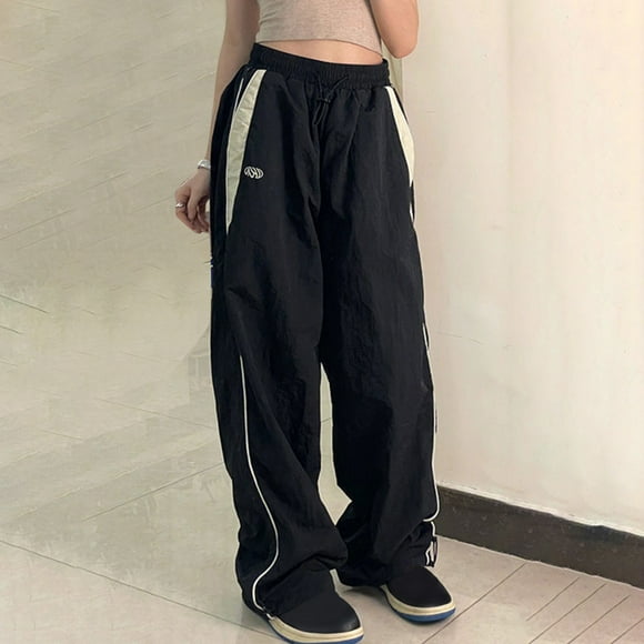 Women's Parachute Pants - High Waist Elastic Wide Leg Loose Trousers with Contrast Side Stripe, Lightweight Windbreaker Casual Pants for Streetwear Dance Black S