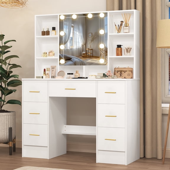 Teousev Makeup Vanity Table with 10 LED Lights, Vanity Desk with Mirror, 7 Drawers Modern Dressing Table for Bedroom, White