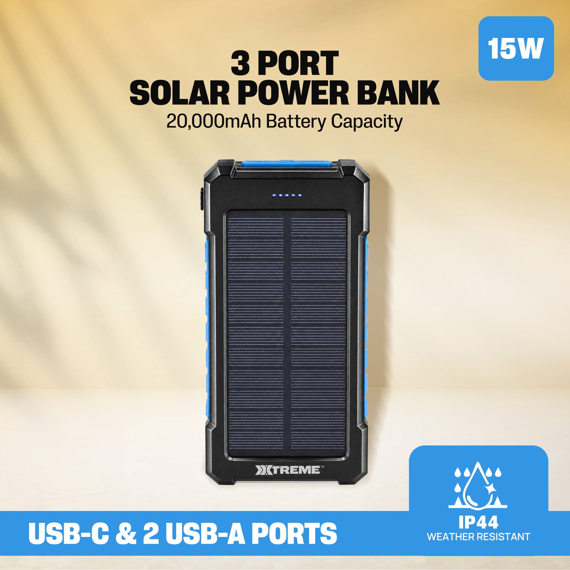 Xtreme Power 20,000mAh Solar Power Bank, 15W Portable Charger with USB-C and 2 USB-A Ports, IP44 Weather-Resistant Battery Pack for Travel and Emergencies, Black