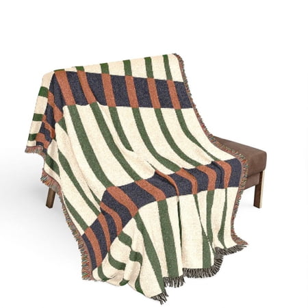 Cream Green Navy and Rust Geometric Grid Woven Throw Blanket 100% Cotton Modern Home Decor