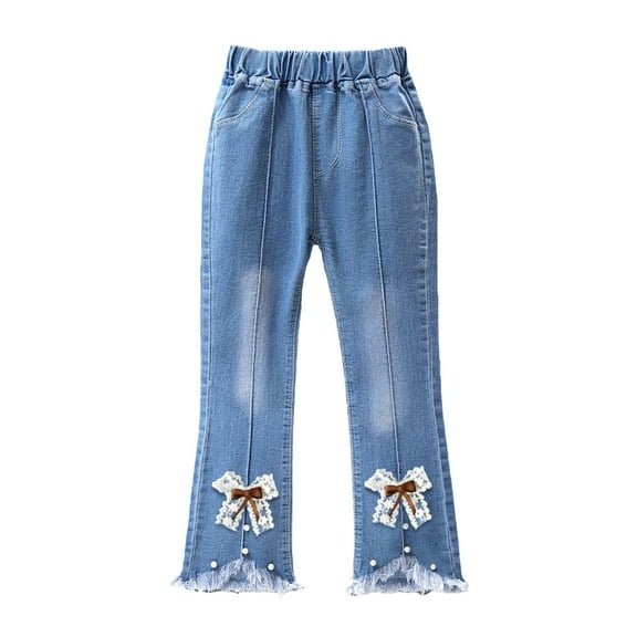 RUTAYY Toddler Girls' Pants Pearl Bow Embroidered Jeans Wide Leg Flare With Elastic Waist Quick Dry, Navy, 1-2 Years