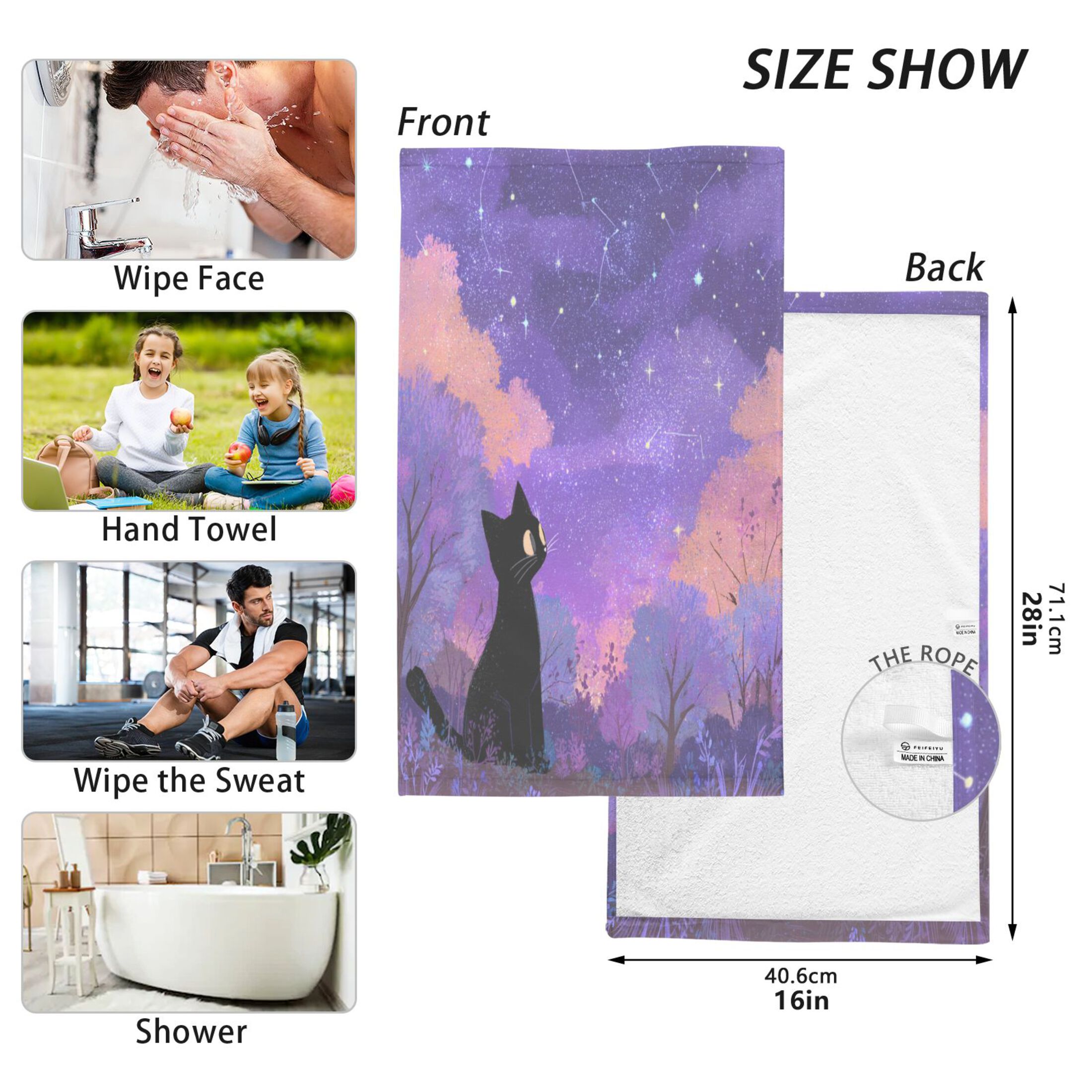2 Pieces of Cotton Towel Face Towel Set Hand Towel Bath Towel Cotton Bath Towel Sets Black Cat Cute
