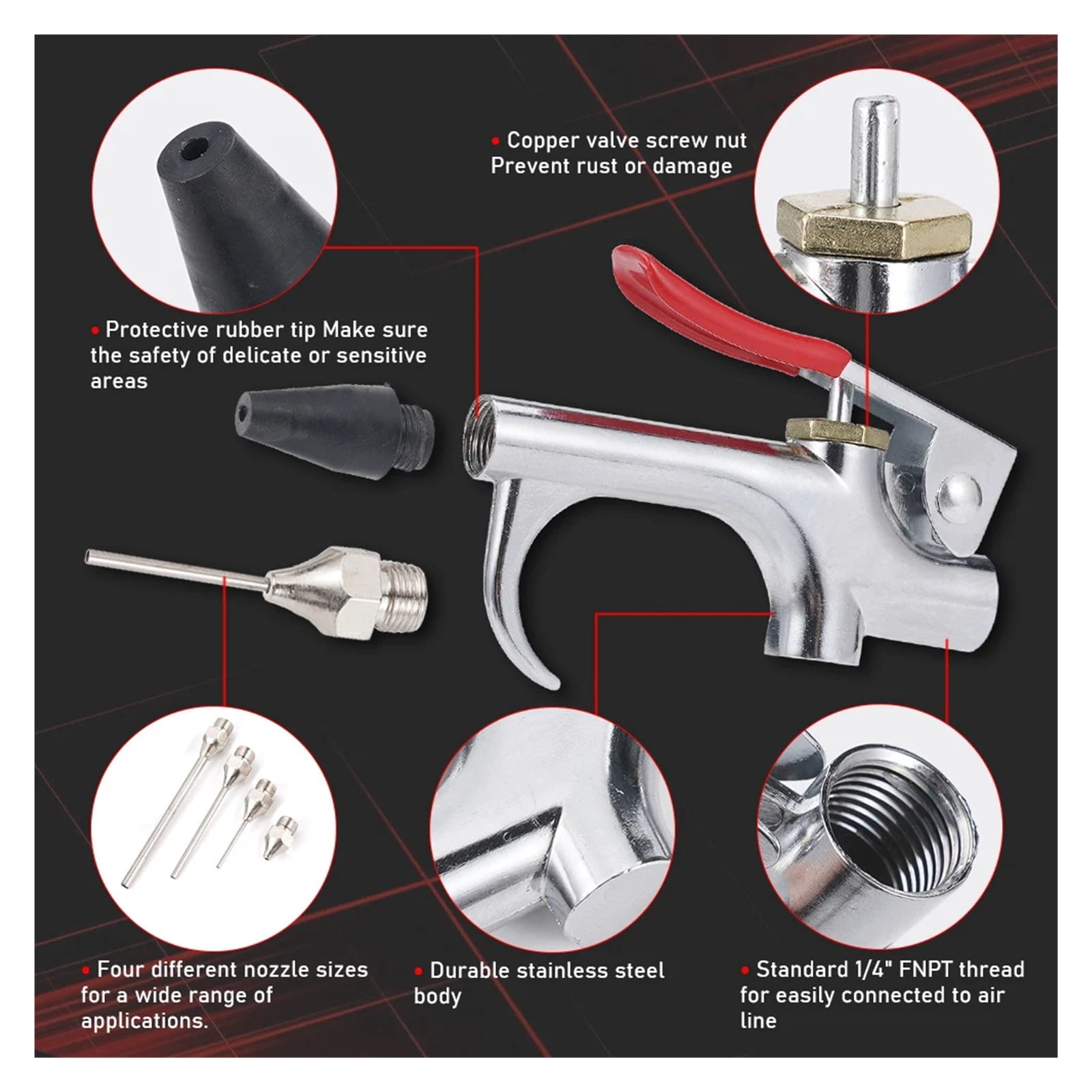5Pcs/set Air Compressor Blow Gun Metal Tool Air Inlet Kit Spray Blower Inflatable Nozzle Pneumatic Tool Dust Cleaning Tool Kit ,Efficient & Easy to use