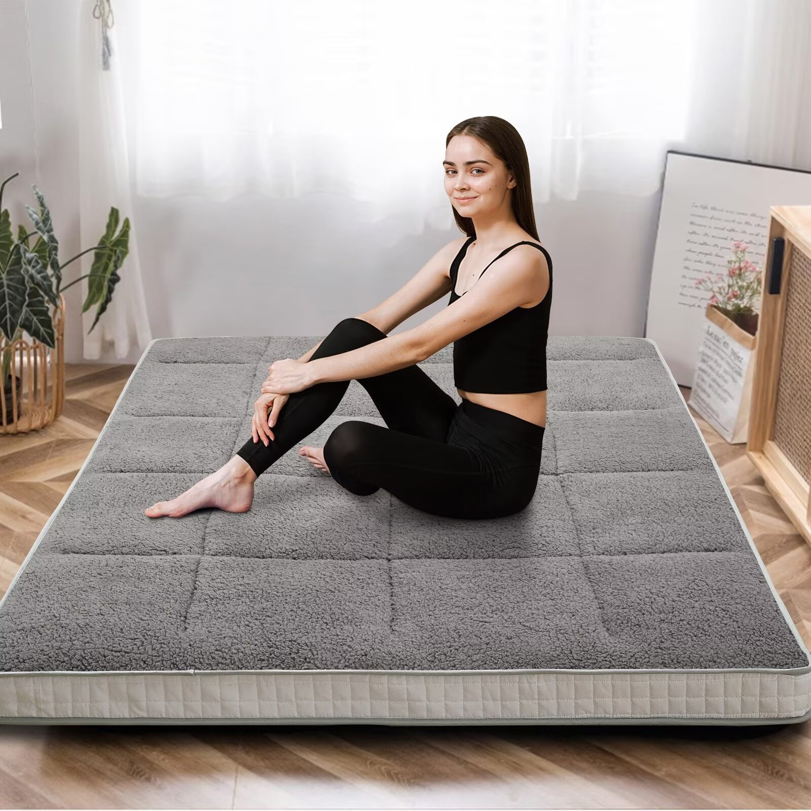 MOPHOTO Upgraded Extra Thick Floor Mattress with Storage Bag,Japanese Futon Mattress,Folding Sleeping Padded Futon Mattress Portable Camping Mattress,Gray,Full