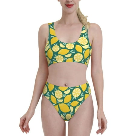 Bikini Sets For Women  Cute Lemon Turquoise High Waisted Bikini Sets Bathing Suit 2-Piece Drawstring Swimsuit