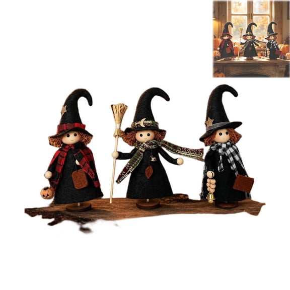 Vintage Primitive Witch Trio, Halloween Decorations Witch Figurines Set, Rustic Farmhouse Halloween Tabletop Decor for Mantel