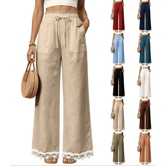Linen Wide Leg Pants for Women Lace Hem Patchwork Elastic Waist Pants with Pockets Drawstring Dressy Flowy Loose Pant (Beige,S)