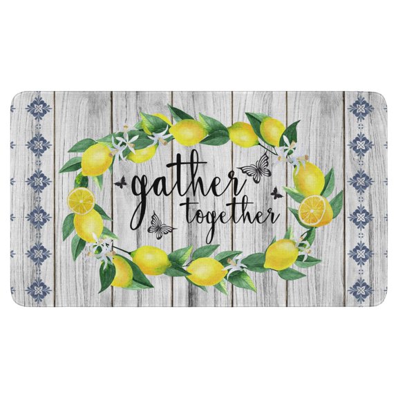 Orange Leamon Wreath Wood Texture Door Mat,Non-Slip Absorbent Welcome Mat Decorations Floor Door Mats for Indoor Outdoor Bathroom