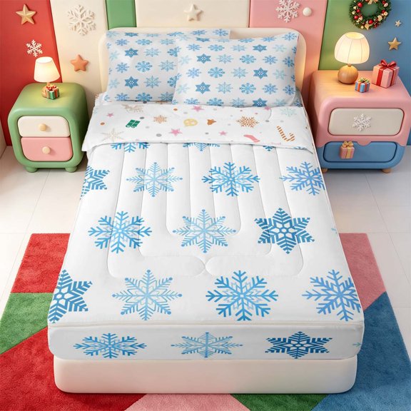 Manfei Christmas Cute Snowflake Zipper Twin Comforter Sets with Fitted Sheet and 2 Pillowcases,Stars Pattern Zipper Bedding Set,Xmas Reversible,4-Piece