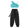 thumbnail image 3 of Yeahdor Kids Girls Hip Hop Dance Outfit Shiny Sequins Ruffles Trim Crop Top with Jogger Pants Dance Suit Light Blue 14, 3 of 7