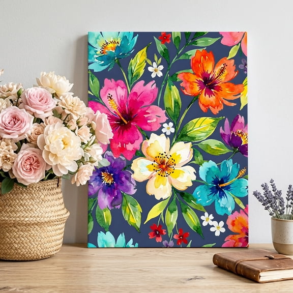 Canvas Wall Art Colorful Hibiscus Canvas Art Print Watercolor Floral Botanical Summer Pictures Wall Decor for Living Room Bedroom Artwork Decorations Stretched Framed Ready to Hang 12"x18"