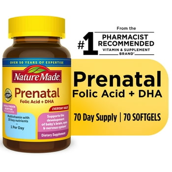Nature Made Prenatal with Folic  + DHA Softgels, Prenatal  and Mineral Supplement, 70 Count