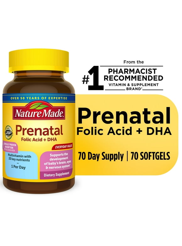 Nature Made Prenatal with Folic Acid + DHA Softgels, Prenatal Vitamin and Mineral Supplement, 70 Count