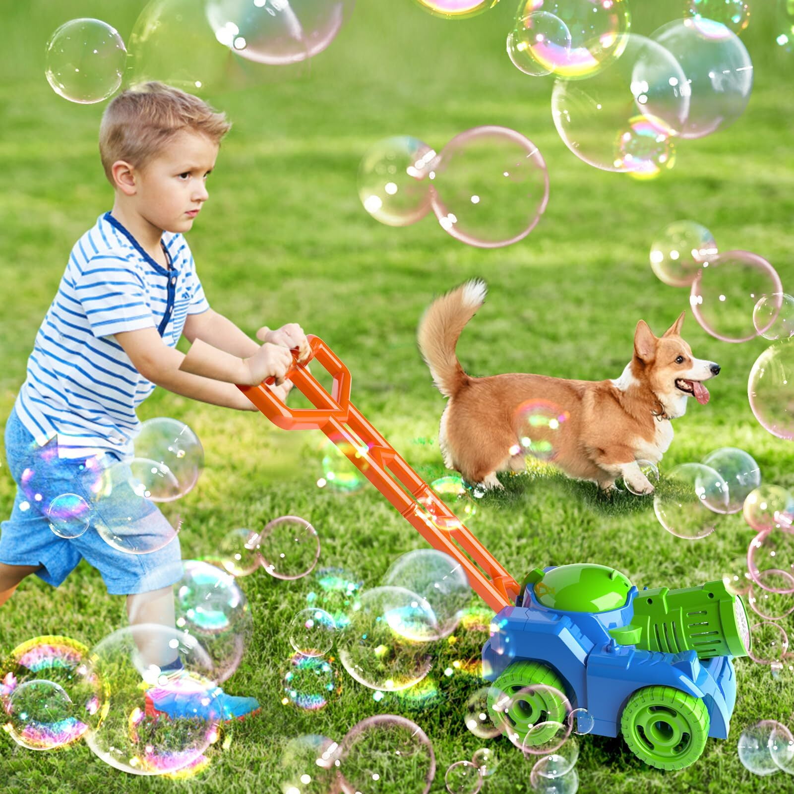 JUGAAD LIFE Bubble Machine Bubble Lawn Mower for Kids Toddlers Automatic Push Toys Summer Outdoor Toys Bubble Maker for Boys Girls 3-6 Years（Green）