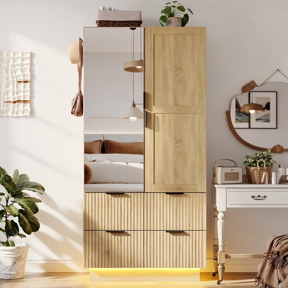 PakaLife 71" Bedroom Armoire Wardrobe Closet with 2 Door & 1 Mirror, LED Light & 4 Drawers & Hanging Rod, Natural Color
