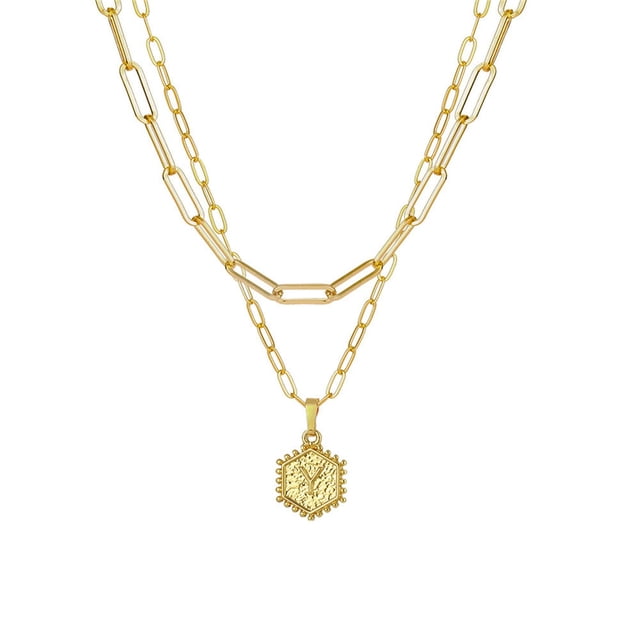 Fiudx Collar Chapado En Oro, Elegante Colgante con Inicial En Capas, Cadena con Diseño Hexagonal, Longitudes Ajustables para Un Estilo Versátil, Un Regalo Especial para Mujer, Perfecto para Ocasiones