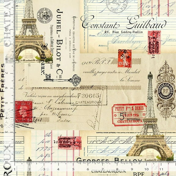 Cotton Paris Postcard Stamps France French Cursive Writing Keys Timeless Treasures Beige Cotton Fabric Print by the Yard (PARIS-CD3174-BEIGE)