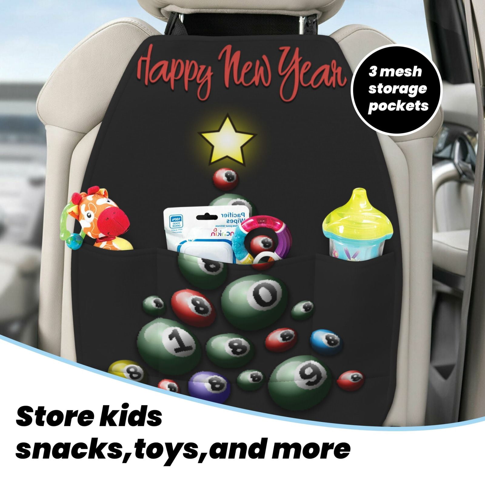 Kdxio Happy New Year1 Print 2 Pack Car Kick Mat Seat Cover Back Protector Mat with Pockets for Organizer Backseat Protector and Storage Anti Kick Pad for Vehicles