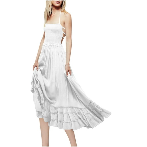 Timegard Summer Dresses for Women Spaghetti Strap Smocked Waist Ruffle Beach Flowy Loose Sundress