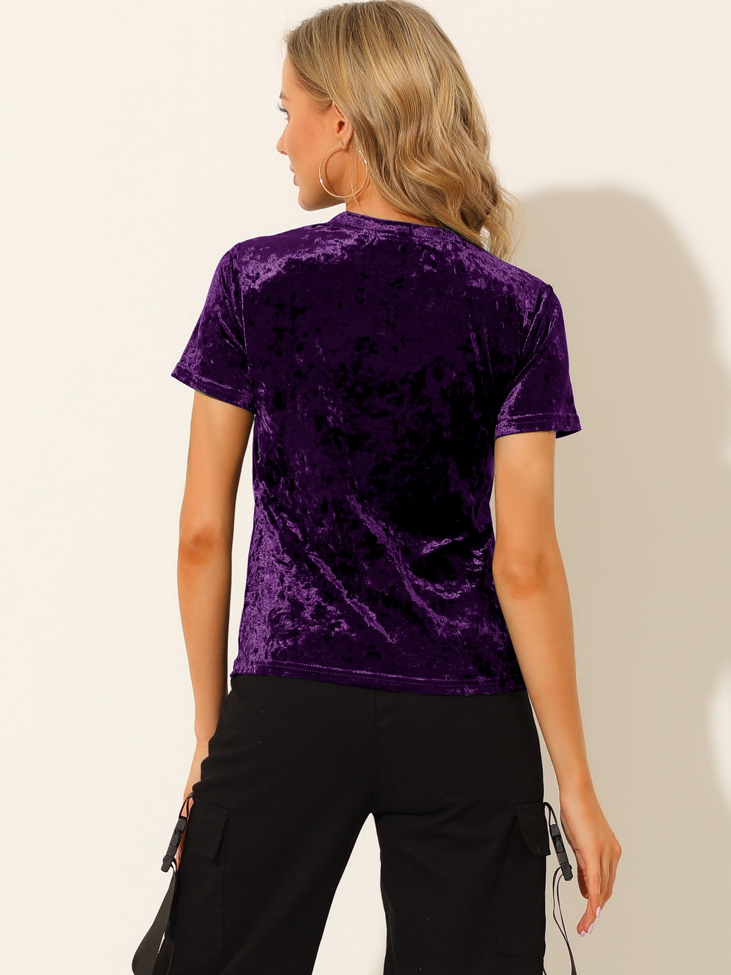 DARING DIVA Women's Velvet Blouse Tops Crew Neck Short Sleeve T-Shirt XL Purple