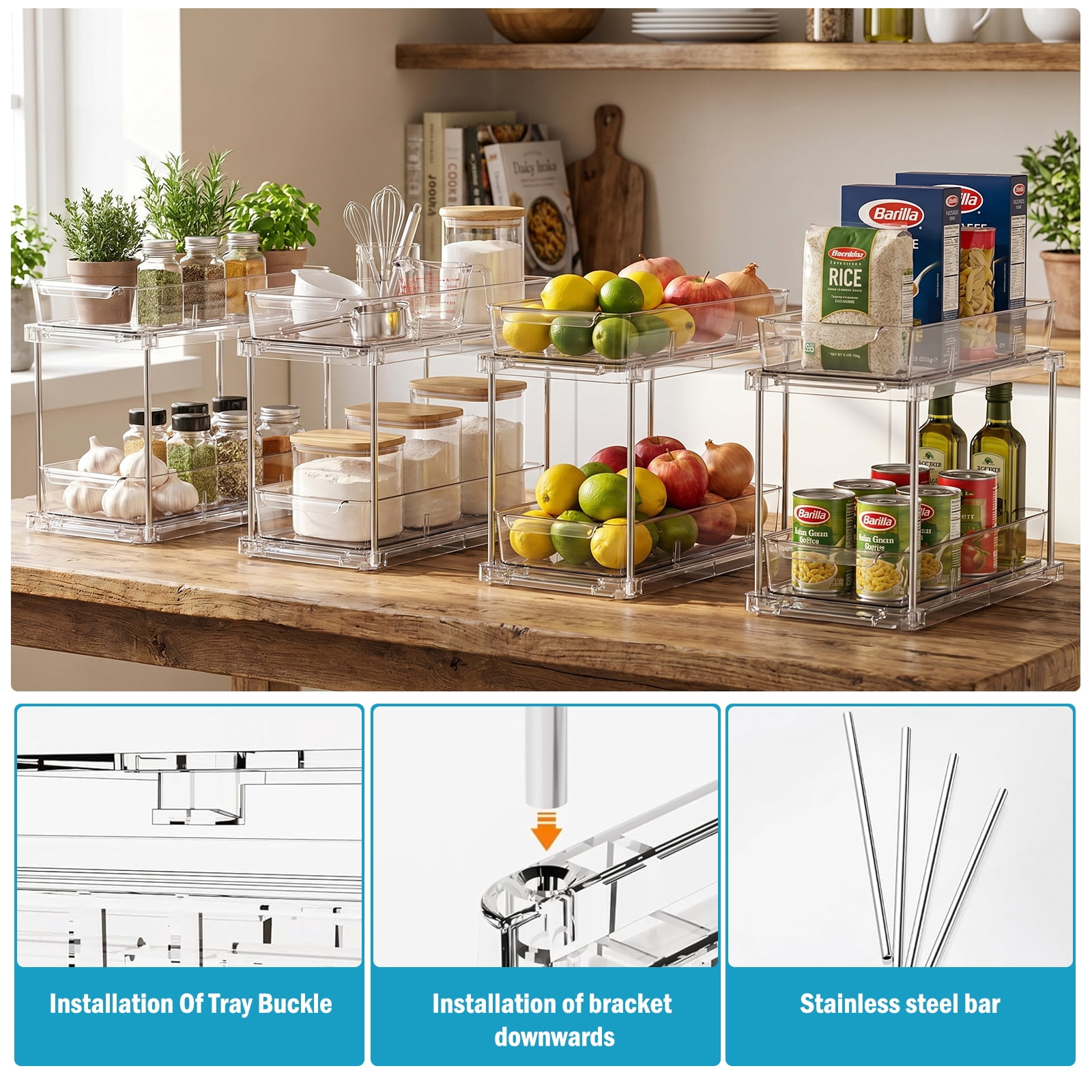 Bathroom Organizer, 4 Pack 2-Tier Clear Storage Container with Sliding Track, Under Sink & Countertop Organizer for Cabinet Drawers, Kitchen Pantry Organization