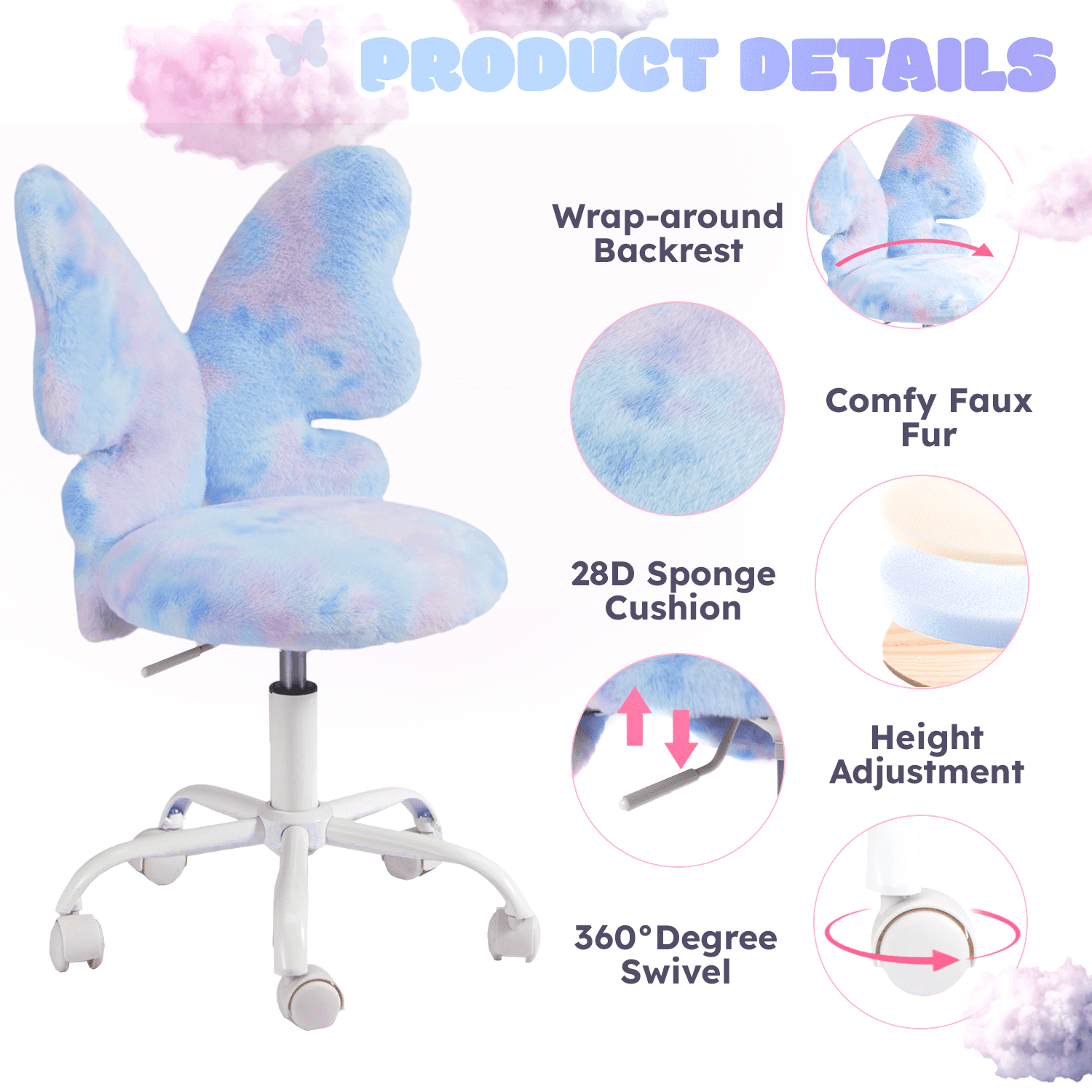 Kids Desk Chair with Butterfly Back, Adorable Fluffy Wheeled Desk Chair for Girls, Faux Fur Adjustable Height Swivel Vanity Chair for Kids Bedrooms and Reading Rooms,Colorful Blue
